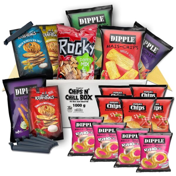 Chips n Chill Box - The Snacking Box (1 kg / 17 Pieces) with 6 Bag Clips
